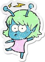 distressed sticker of a cartoon alien girl vector