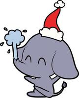 cute line drawing of a elephant spouting water wearing santa hat vector