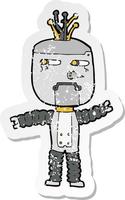 retro distressed sticker of a cartoon waving robot vector