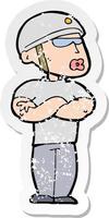 retro distressed sticker of a cartoon security guard vector