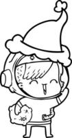 line drawing of a happy spacegirl holding moon rock wearing santa hat vector