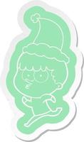 cartoon  sticker of a curious boy running wearing santa hat vector