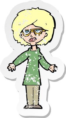 retro distressed sticker of a cartoon woman wearing glasses