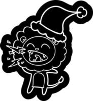 cartoon icon of a roaring lion wearing santa hat vector