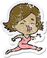 distressed sticker of a cartoon girl pulling face vector