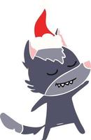 friendly flat color illustration of a wolf wearing santa hat vector