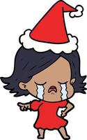 line drawing of a girl crying and pointing wearing santa hat vector