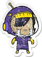 pegatina angustiada de una niña astronauta llorando de dibujos animados vector