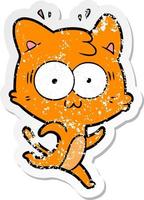 distressed sticker of a cartoon surprised cat running vector