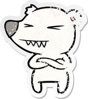 distressed sticker of a angry polar bear cartoon with folded arms vector