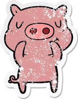 distressed sticker of a cartoon content pig vector