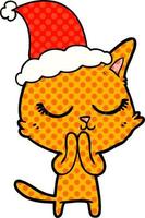 calm comic book style illustration of a cat wearing santa hat vector
