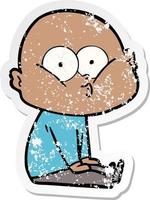 distressed sticker of a cartoon bald man staring vector