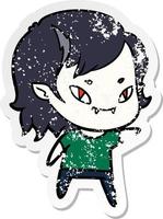 distressed sticker of a cartoon friendly vampire girl vector