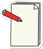 sticker of a quirky hand drawn cartoon paper and pencil vector