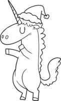 line drawing of a unicorn wearing santa hat vector