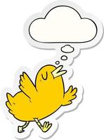 cartoon happy bird and thought bubble as a printed sticker vector