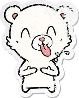 distressed sticker of a rude cartoon polar bear sticking out tongue vector