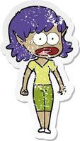 distressed sticker of a cartoon shocked elf girl vector