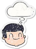 cartoon male face and thought bubble as a distressed worn sticker vector