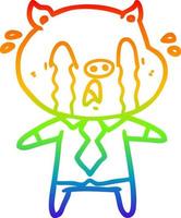 rainbow gradient line drawing crying pig cartoon wearing human clothes vector