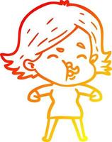 warm gradient line drawing cartoon girl pulling face vector