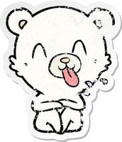 distressed sticker of a rude cartoon polar bear sticking out tongue vector