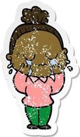 distressed sticker of a cartoon crying old lady vector