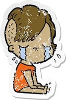distressed sticker of a cartoon crying girl vector