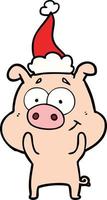 happy line drawing of a pig wearing santa hat vector