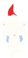 crying polar bear flat color illustration of a wearing santa hat vector