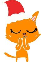 calm flat color illustration of a cat wearing santa hat vector