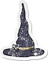 retro distressed sticker of a cartoon spooky witches hat vector