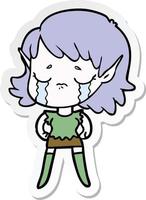 pegatina de una niña elfa llorando de dibujos animados vector