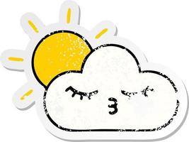 distressed sticker of a cute cartoon sunshine and cloud vector