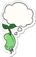 cartoon sprouting bean and thought bubble as a printed sticker vector