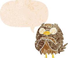 cartoon wise old owl and speech bubble in retro textured style vector