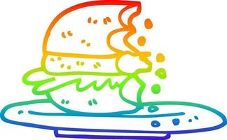 rainbow gradient line drawing cartoon half eaten burger vector