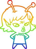 rainbow gradient line drawing pretty cartoon alien girl vector