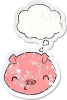 cartoon pig and thought bubble as a distressed worn sticker vector