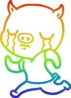 rainbow gradient line drawing cartoon pig crying running away vector