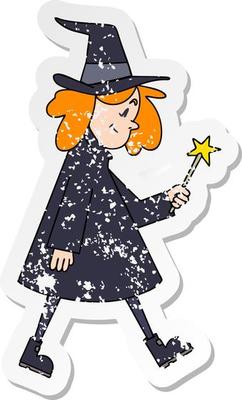 distressed sticker of a quirky hand drawn cartoon witch