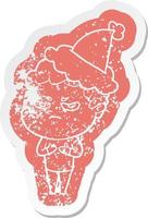 cartoon distressed sticker of a angry man wearing santa hat vector