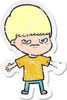 distressed sticker of a annoyed cartoon boy vector