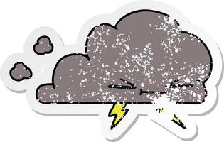 distressed sticker cartoon of a grumpy lightening cloud vector