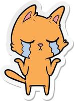 sticker of a crying cartoon cat shrugging vector
