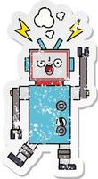 distressed sticker of a cute cartoon broken robot vector