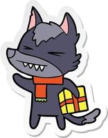 pegatina de una caricatura de lobo de navidad enojado vector