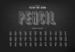 Pencil sketch shadow font and alphabet vector, Chalk tall typeface letter and number design vector
