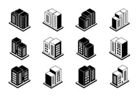 conjunto de iconos de empresa de perspectiva y edificios de vectores negros, colección de oficinas aisladas sobre fondo blanco